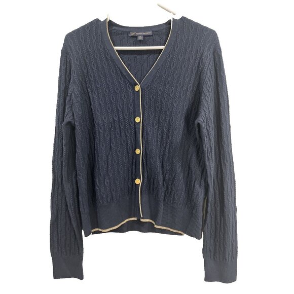 Brooks Brothers Cardigan Sweater Womens XL Navy Cable Knit Gold Button Preppy - Picture 1 of 8